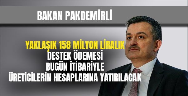 Bakan Pakdemirli, Yaklaşık 158 Milyon Liralık Destek Ödemesi Bugün Itibariyle Üreticilerin Hesaplarına Yatırılacak